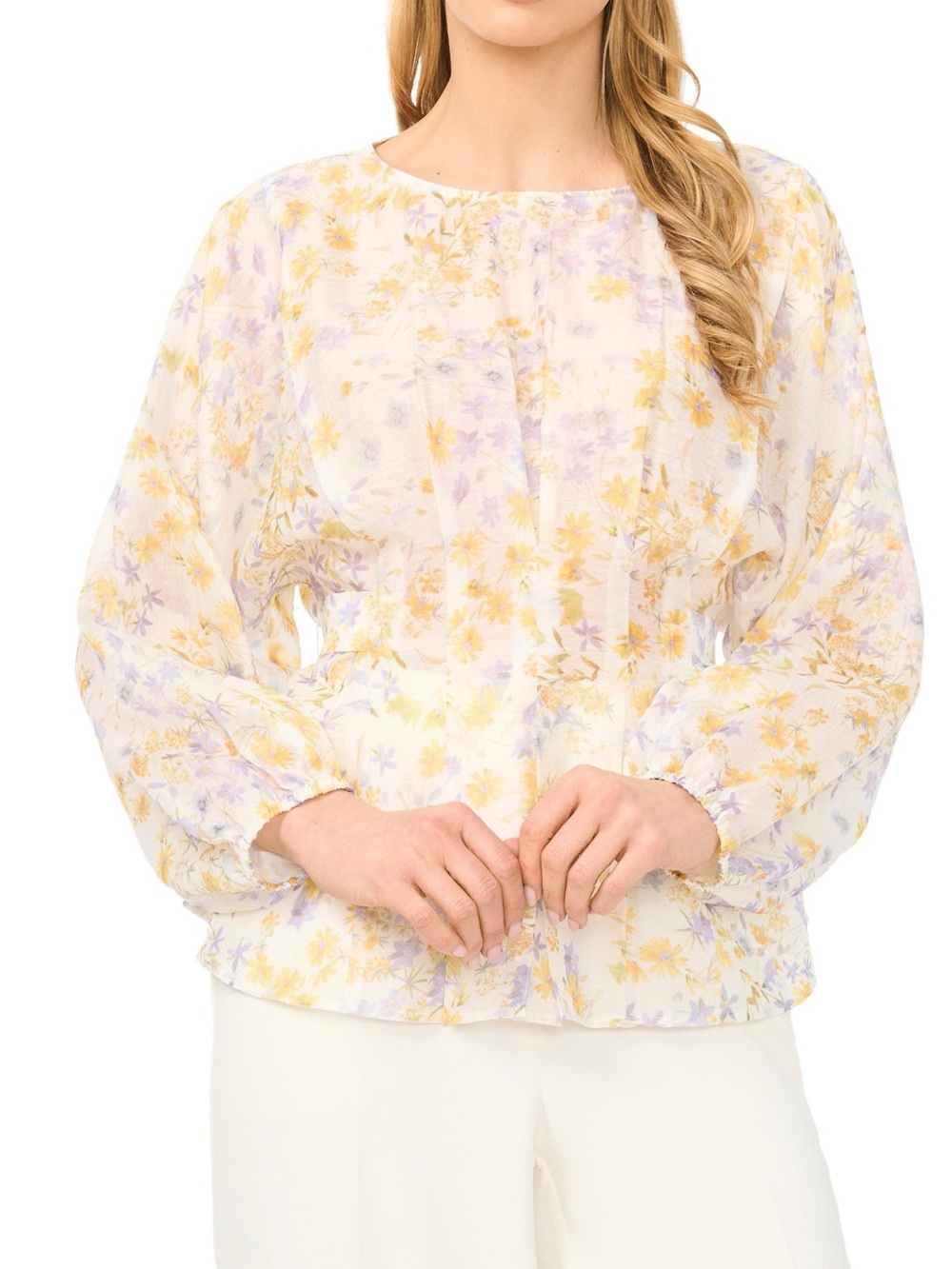 Halogen Ditsy Daisy Print Pleat Waist Top Yellow Lavender NWI